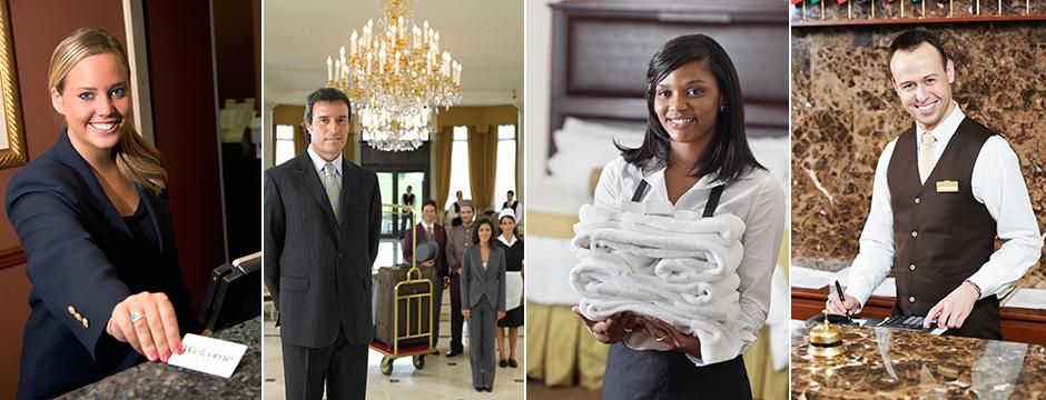 various workers in hospitality, one holding linens